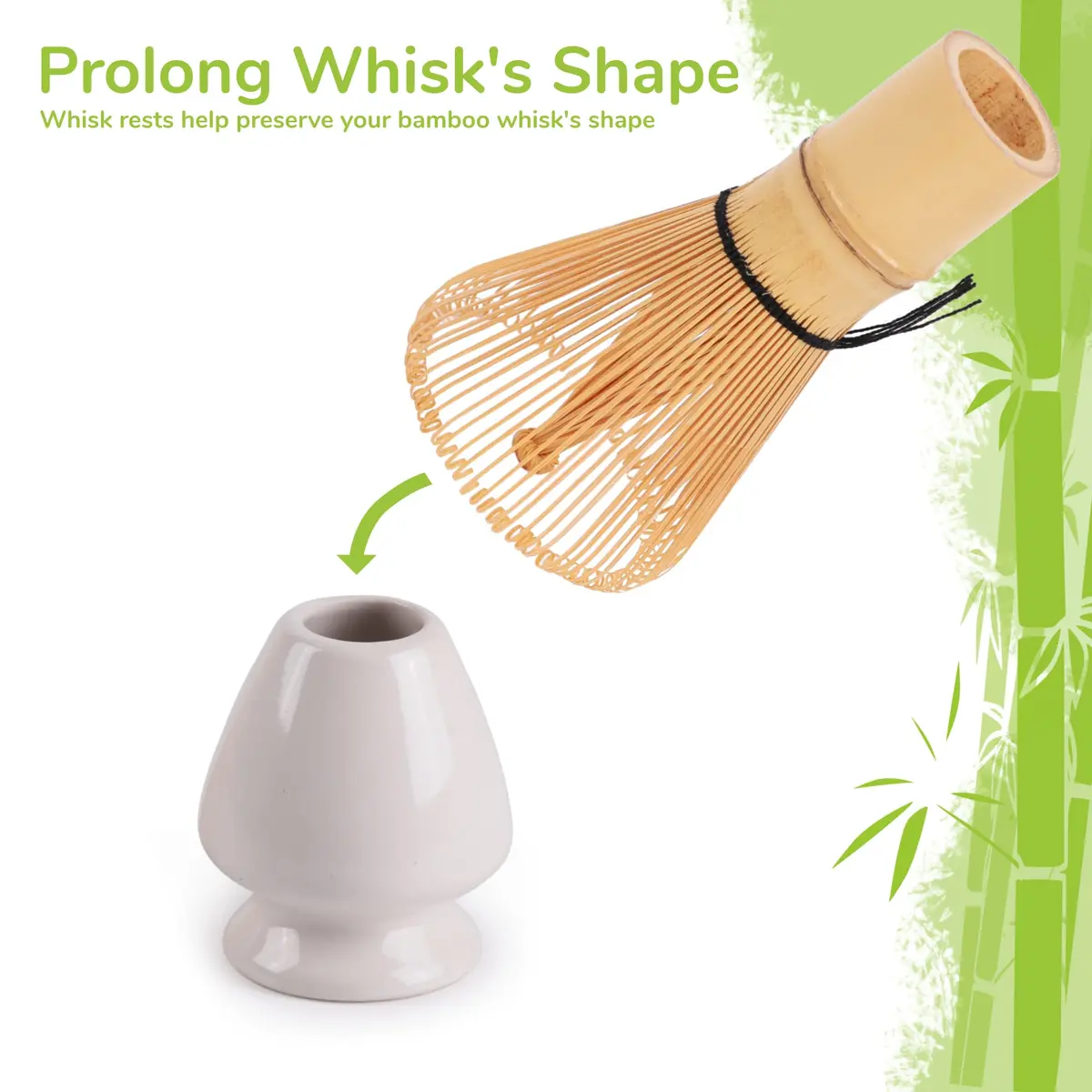 BambooMN Matcha Green Tea Whisk & Scoop 4 Piece Set - White Holder | Traditional Japanese Tea Utensils - view 5