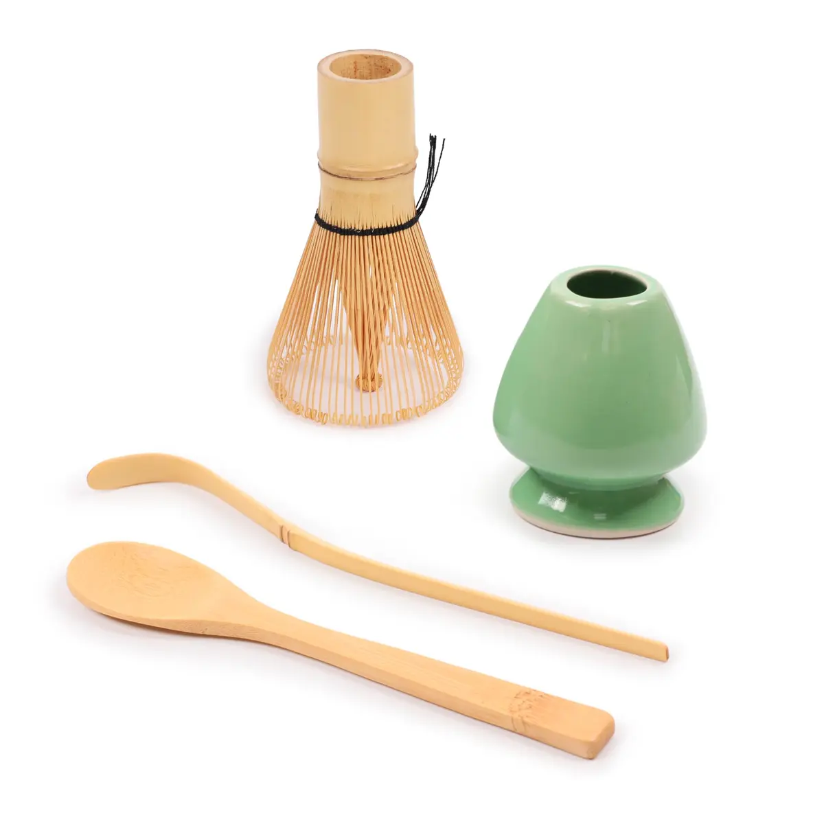BambooMN Matcha Green Tea Whisk & Scoop Set | Traditional 4-Piece Kit with Light Green Holder - main product image