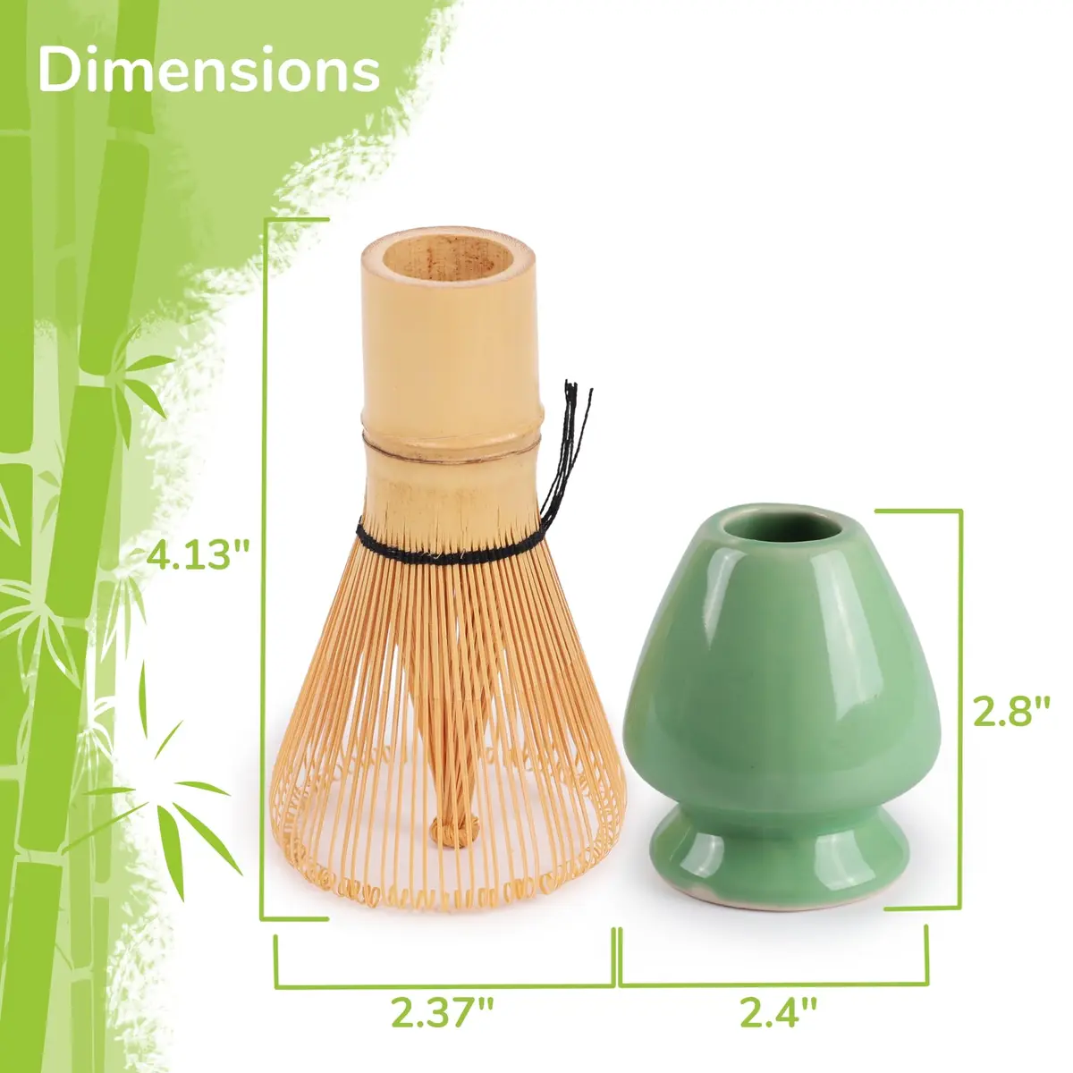 BambooMN Matcha Green Tea Whisk & Scoop Set | Traditional 4-Piece Kit with Light Green Holder - view 3