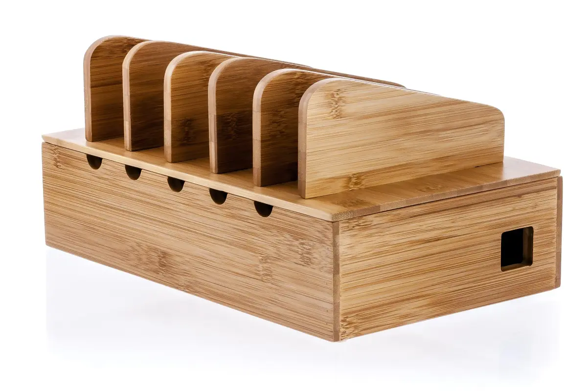 Prosumer's Choice Wooden Charging Station Organizer 12.5" L x 7.5" W x 6.5" H | Holds 5 Devices with Cable Management - main product image