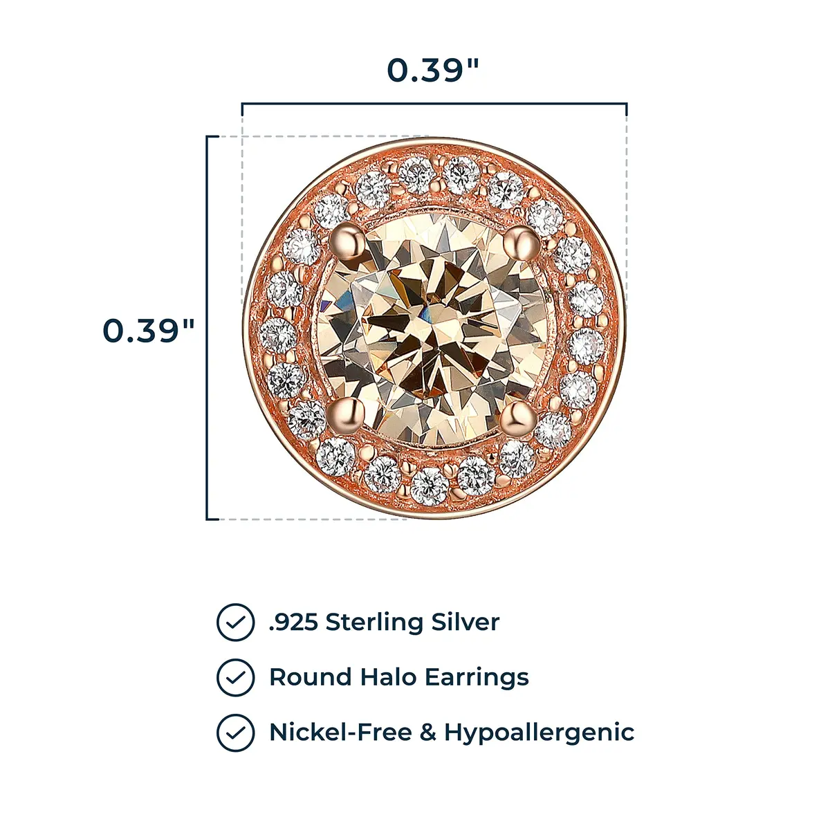 Morgan & Paige Silver 14k Rose Gold Plated CZ Round Halo Stud Earrings | Hypoallergenic, Gift-Ready (70-120 chars) - view 3