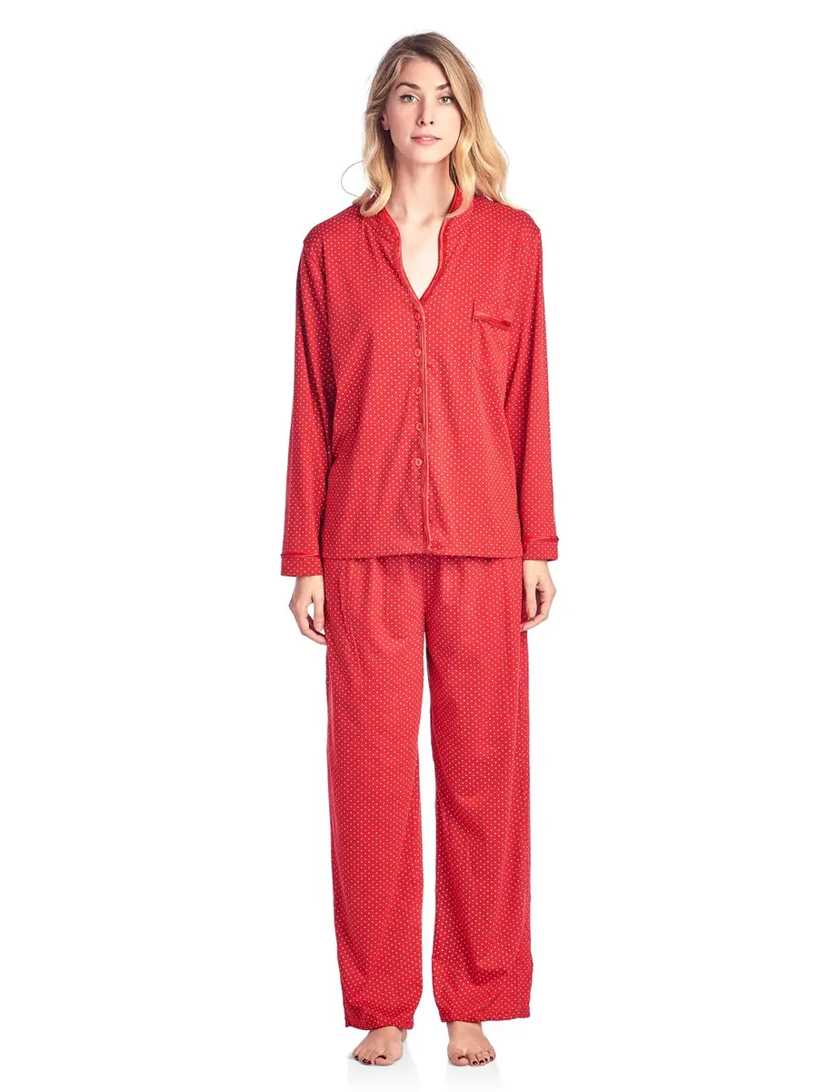 Casual Nights Women's Long Sleeve Floral Lace Trim Pajama Set - Red - Large | Relaxed Fit for Sleep & Lounge - main product image