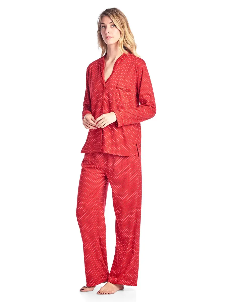 Casual Nights Women's Long Sleeve Floral Lace Trim Pajama Set - Red - Large | Relaxed Fit for Sleep & Lounge - view 3
