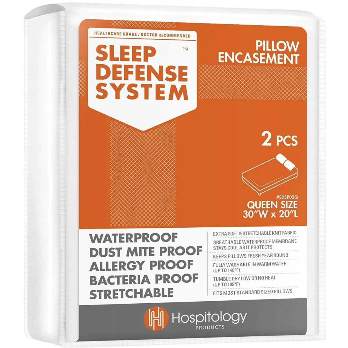 Hospitology Products Queen Pillow Encasement Set of 2 | 50cm x 76cm Waterproof Hypoallergenic Pillow Protector - main product image