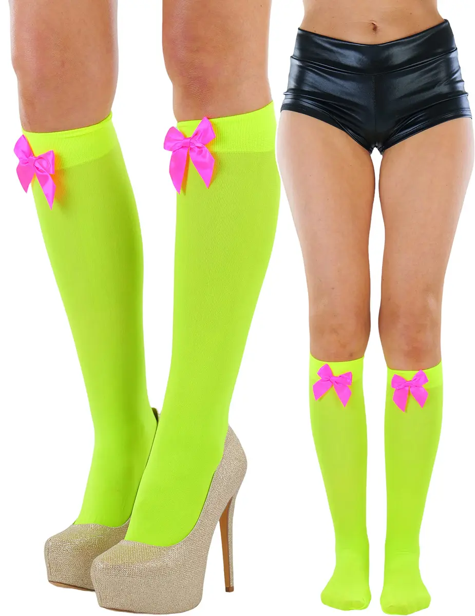ToBeInStyle Women’s Opaque Knee High Nylon Socks Solid & w/Front Satin Bow - Neon Green W/Pink Bow - One Size | Casual Fashion Socks for Women - main product image