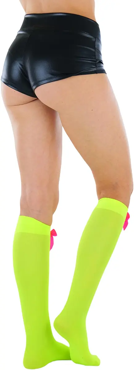 ToBeInStyle Women’s Opaque Knee High Nylon Socks Solid & w/Front Satin Bow - Neon Green W/Pink Bow - One Size | Casual Fashion Socks for Women - view 6