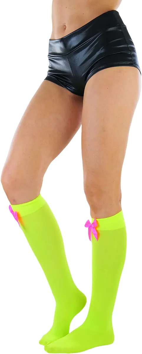 ToBeInStyle Women’s Opaque Knee High Nylon Socks Solid & w/Front Satin Bow - Neon Green W/Pink Bow - One Size | Casual Fashion Socks for Women - view 7