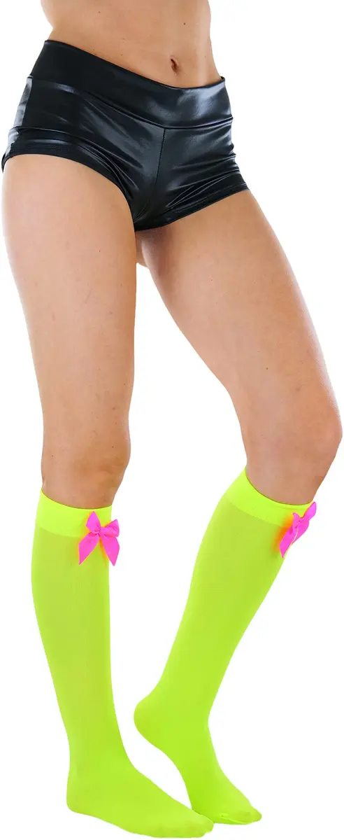ToBeInStyle Women’s Opaque Knee High Nylon Socks Solid & w/Front Satin Bow - Neon Green W/Pink Bow - One Size | Casual Fashion Socks for Women - view 3