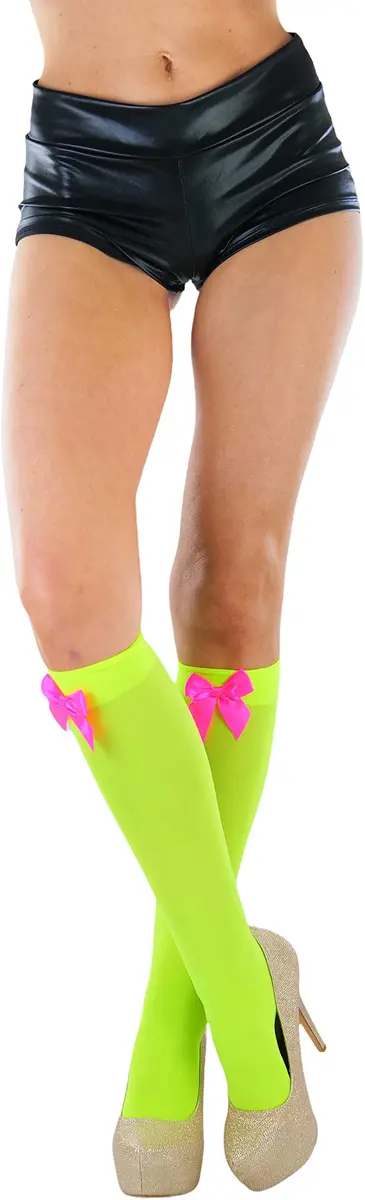 ToBeInStyle Women’s Opaque Knee High Nylon Socks Solid & w/Front Satin Bow - Neon Green W/Pink Bow - One Size | Casual Fashion Socks for Women - view 4