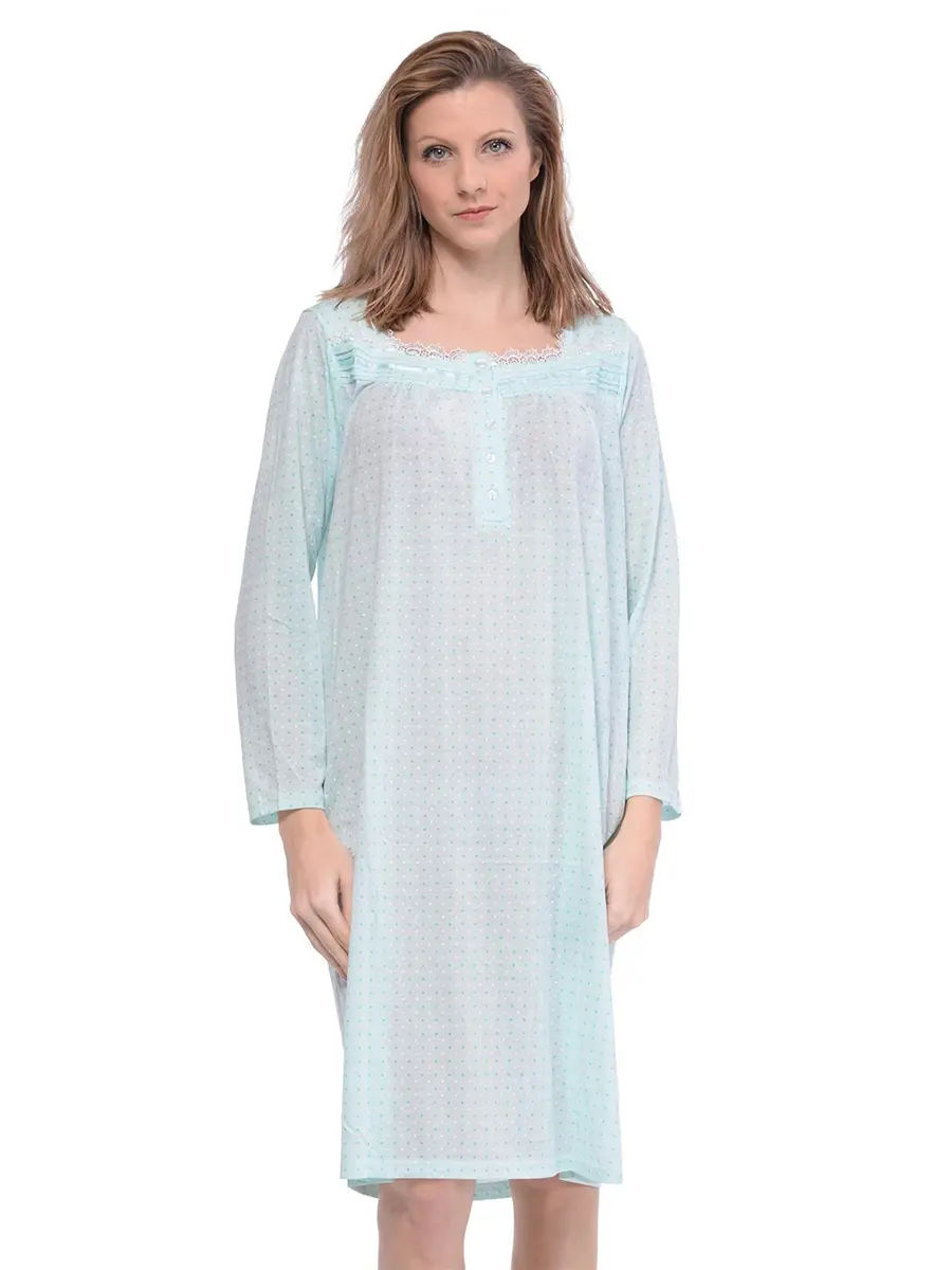 Casual Nights Women's Long Sleeve Dot Nightgown - Green - Large | Soft Cotton Blend Sleepwear for Women - main product image