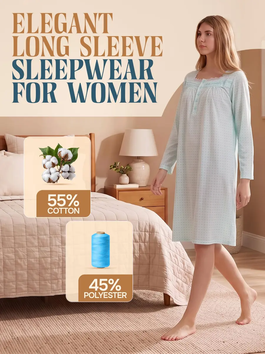 Casual Nights Women's Long Sleeve Dot Nightgown - Green - Large | Soft Cotton Blend Sleepwear for Women - view 2