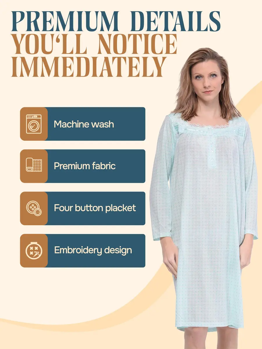 Casual Nights Women's Long Sleeve Dot Nightgown - Green - Large | Soft Cotton Blend Sleepwear for Women - view 3