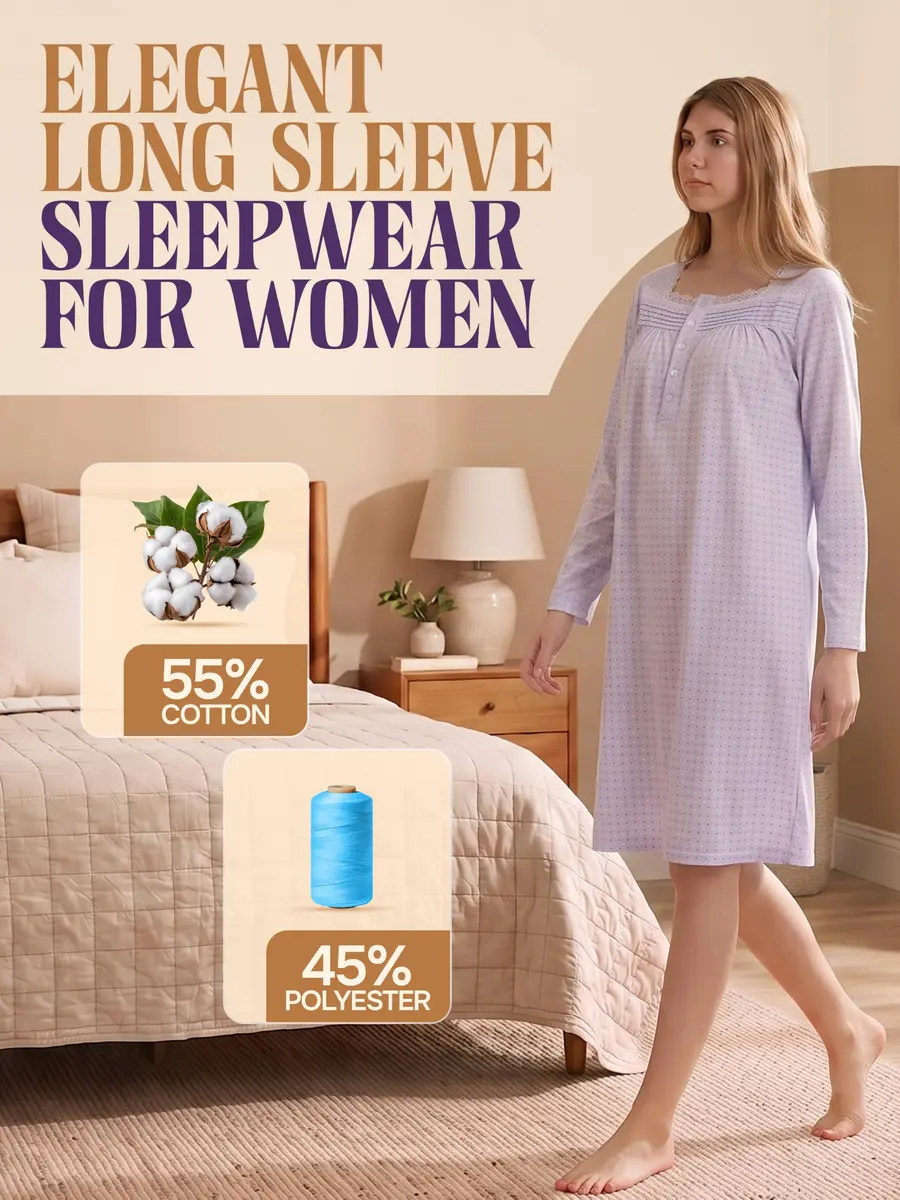 Casual Nights Women's Long Sleeve Dot Nightgown - Purple - Large | Soft Cotton Blend Sleepwear for Relaxed Comfort - view 2
