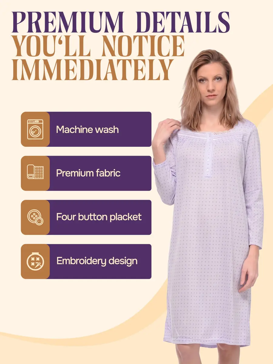 Casual Nights Women's Long Sleeve Dot Nightgown - Purple - Large | Soft Cotton Blend Sleepwear for Relaxed Comfort - view 3