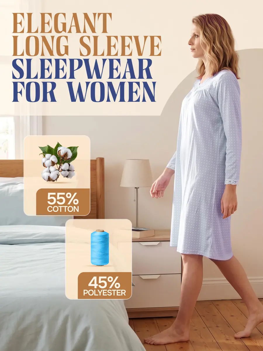 Casual Nights Women's Long Sleeve Dot Nightgown - Blue - Medium | Soft Cotton Blend Sleepwear for Relaxed Comfort - view 2