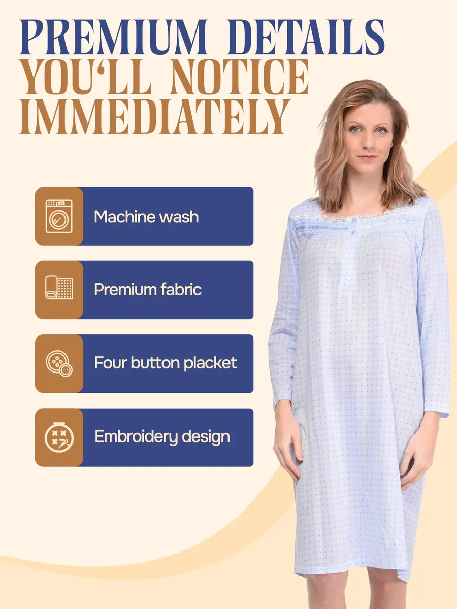 Casual Nights Women's Long Sleeve Dot Nightgown - Blue - Medium | Soft Cotton Blend Sleepwear for Relaxed Comfort - view 3