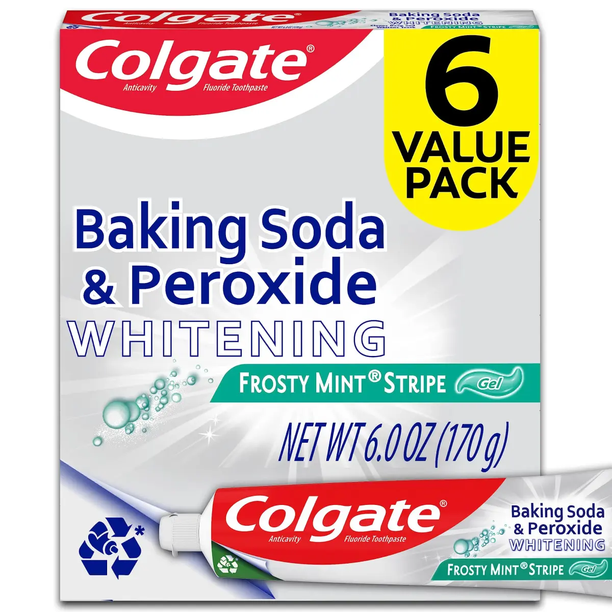 Colgate Baking Soda and Peroxide Whitening Toothpaste Gel Frosty Mint 170g (6 Ounce Tube, 6 Pack) | Fights Cavities & Removes Stains - main product image