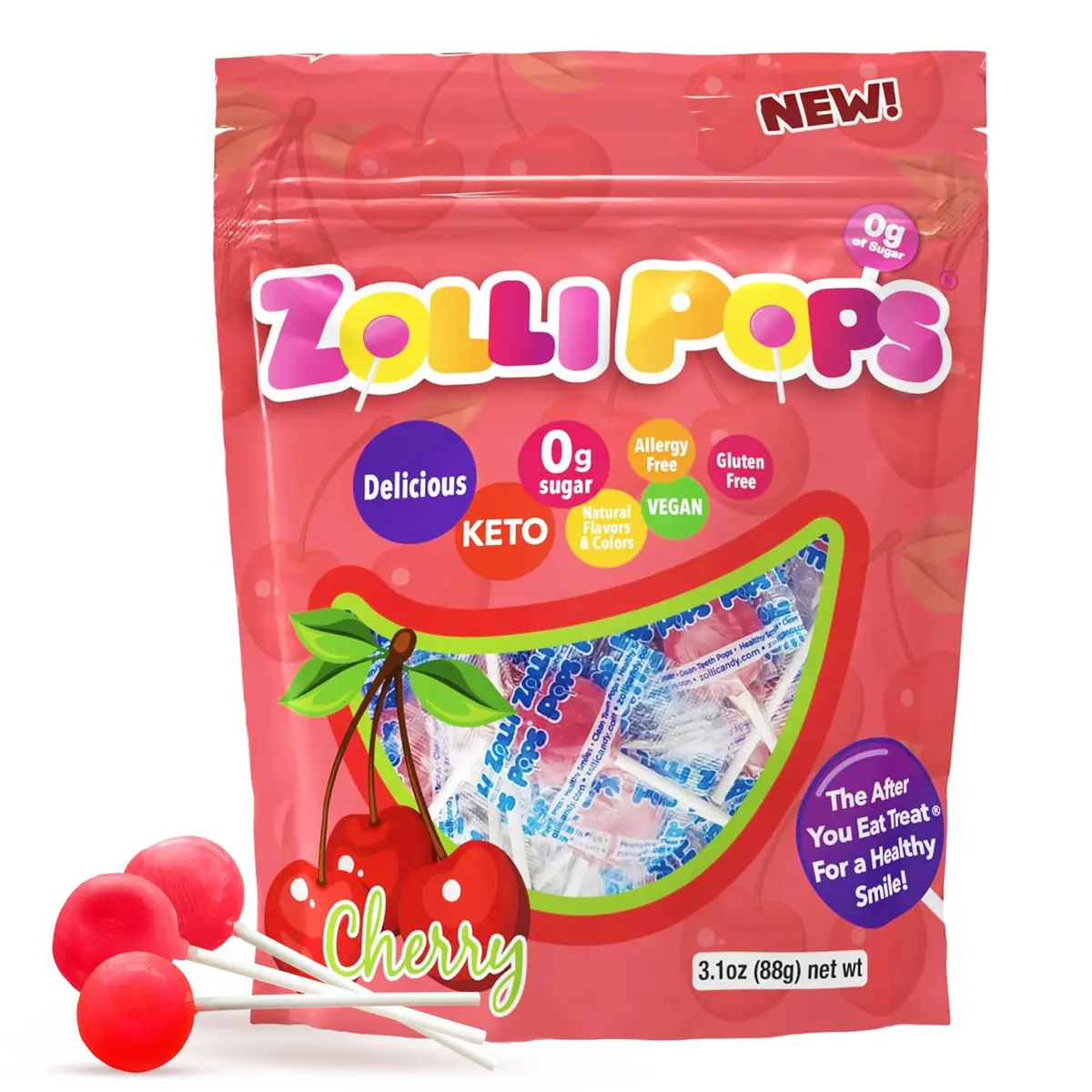 Zollipops Sugar-Free Cherry Flavor Clean Teeth Pops 95g (3.1 oz) | Dentist-Approved Sugar-Free Lollipops - main product image