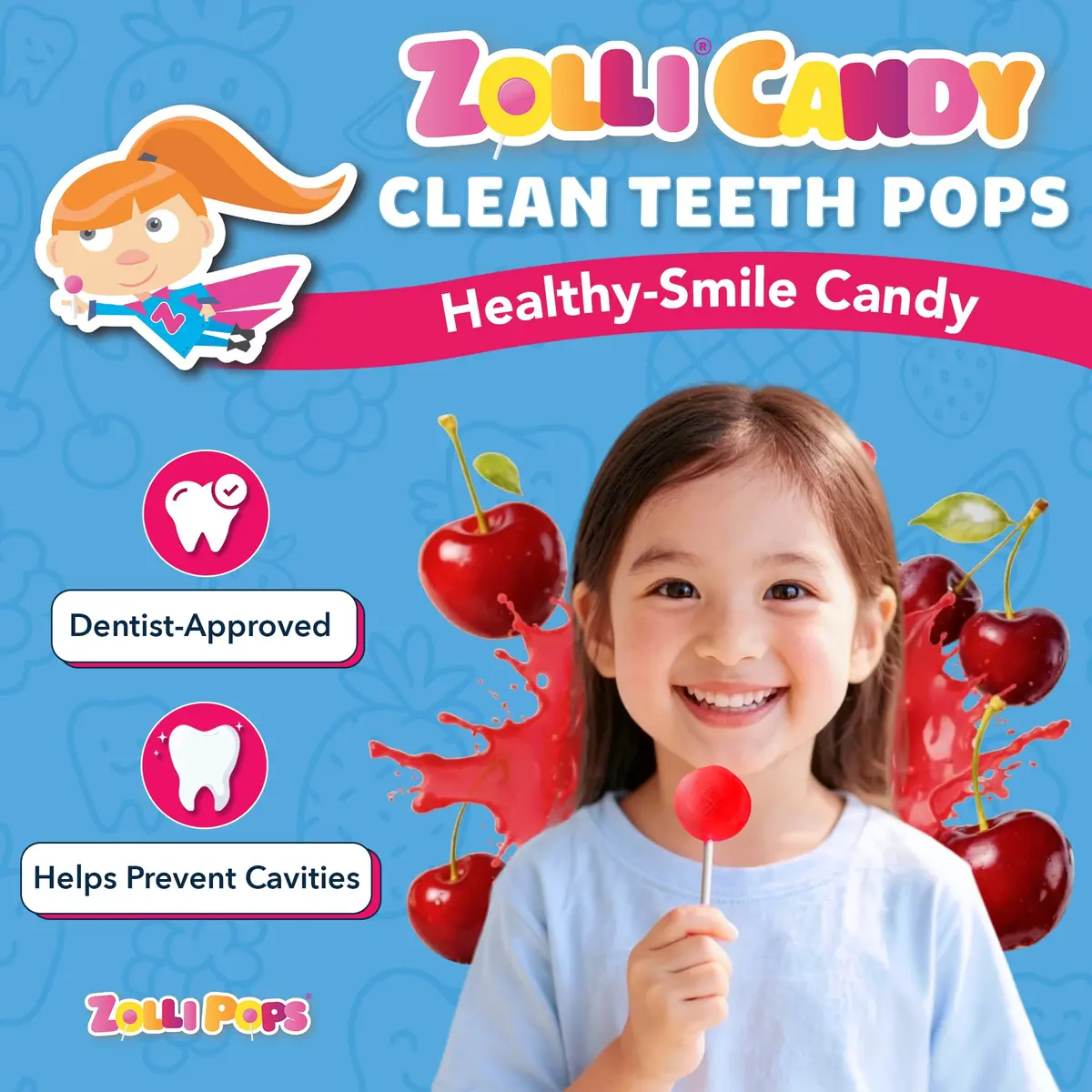 Zollipops Sugar-Free Cherry Flavor Clean Teeth Pops 95g (3.1 oz) | Dentist-Approved Sugar-Free Lollipops - view 2