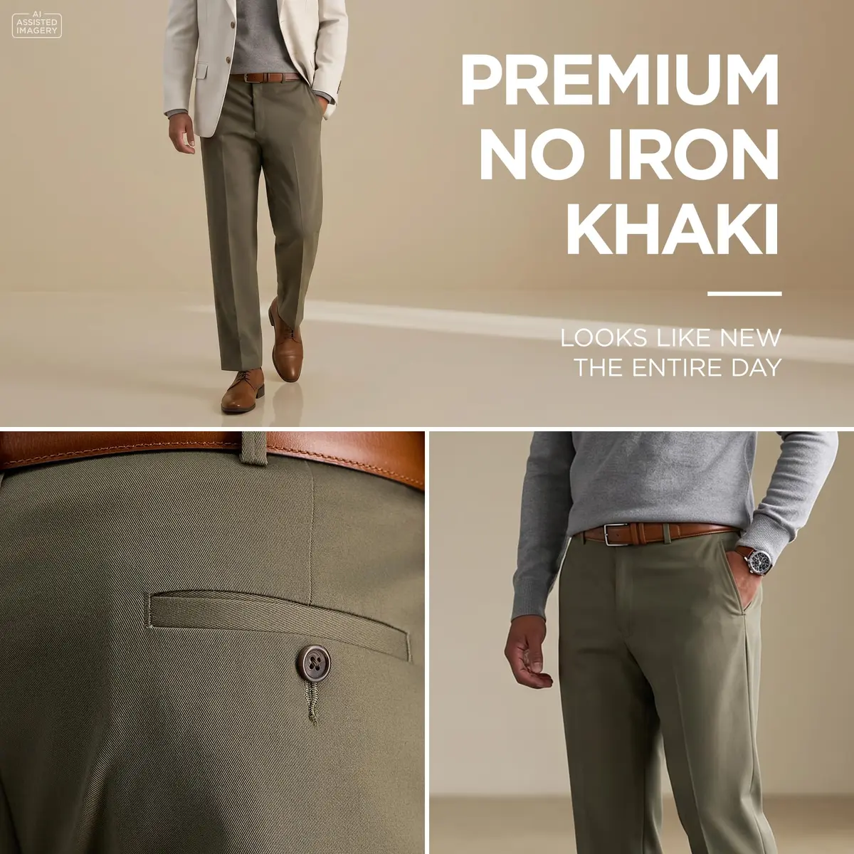 Haggar Premium No Iron Khaki Classic Fit Expandable Waist Flat Front Pant, Toast, 36x32 | Versatile Business Casual - view 3