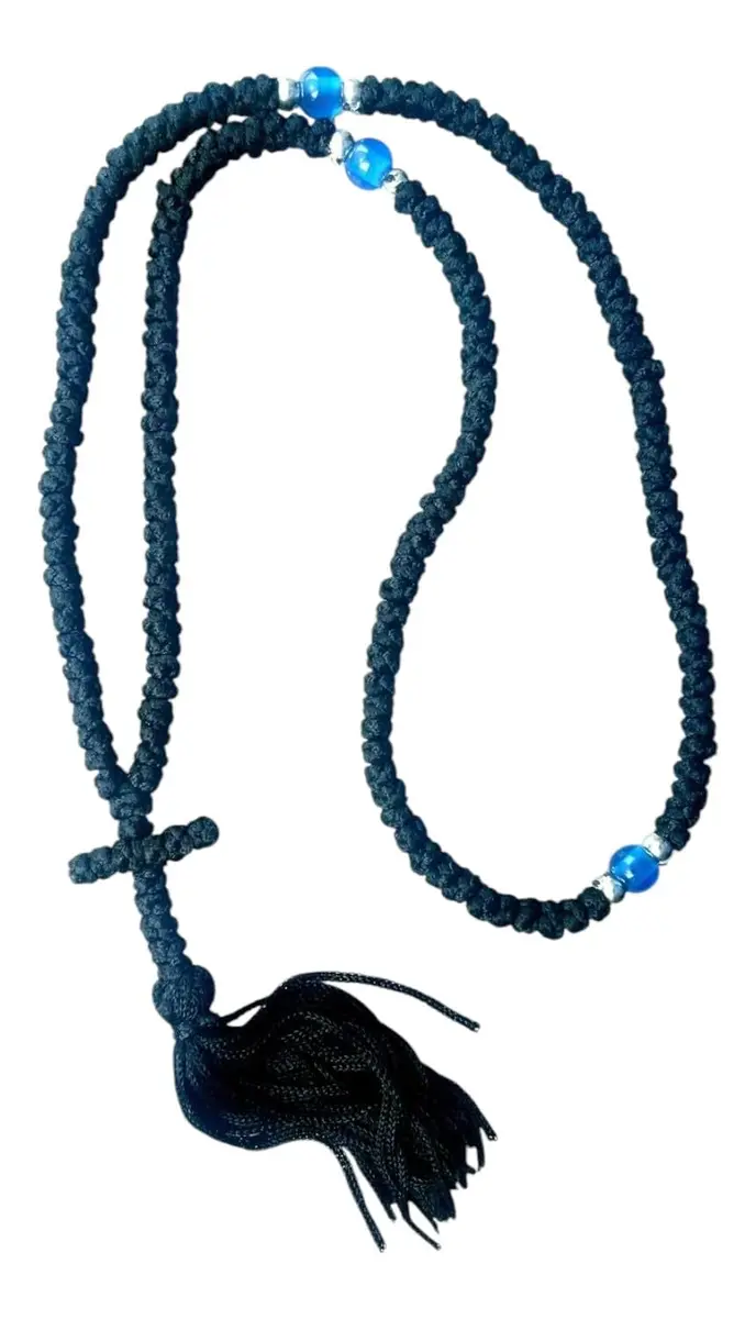 Iconsgr Christian Orthodox Prayer Rope 150 Knots | Waxed Black Rope with Cross, 150 Knots, Unisex - main product image