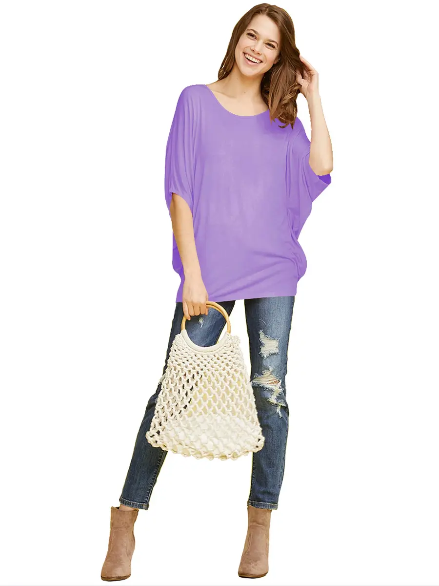 Made By Johnny Women's Dolman Batwing Sleeve Top – Soft Stretch Loose Fit Tunic Blouse for Everyday Wear L Lilac - view 5