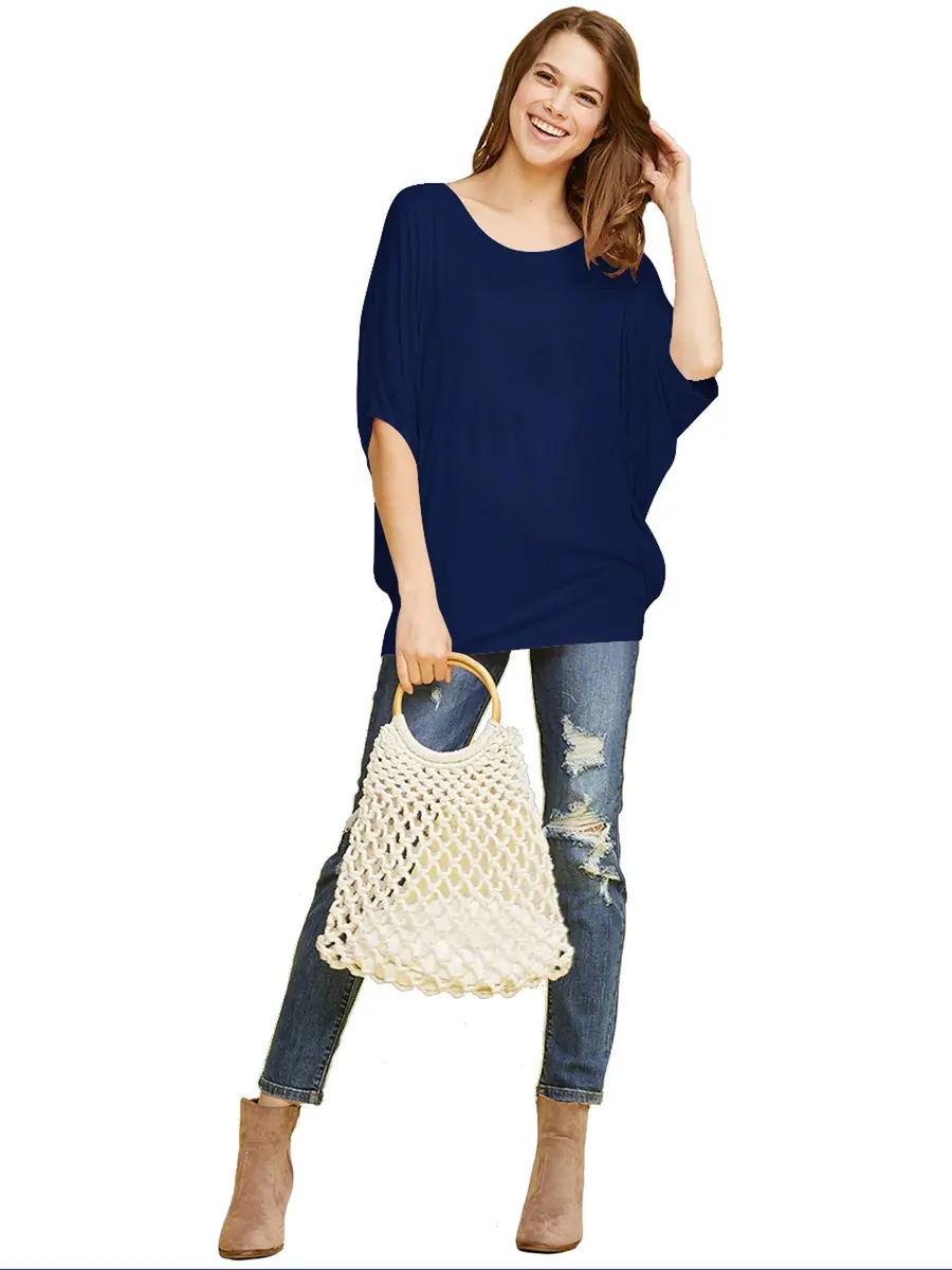 Made By Johnny Women's Dolman Batwing Sleeve Top – Soft Stretch Loose Fit Tunic Blouse for Everyday Wear XL Navy - view 6