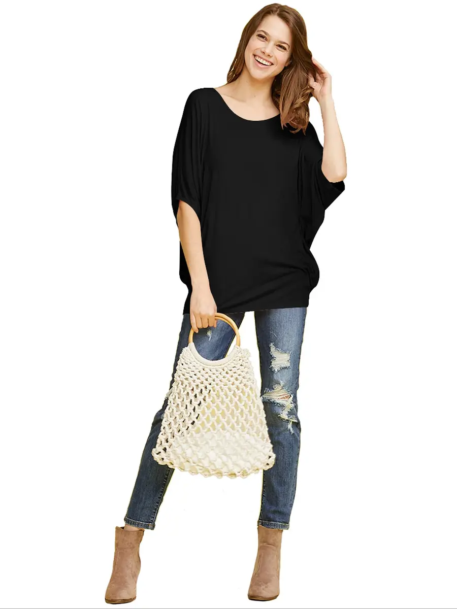 Made By Johnny Women's Dolman Batwing Sleeve Top – Soft Stretch Loose Fit Tunic Blouse for Everyday Wear XL Black - view 6