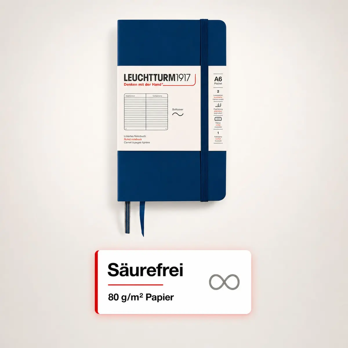 LEUCHTTURM1917 Notebook Softcover Pocket A6-123 Pages Navy | Compact, Ruled, Acid-Free Paper - view 6