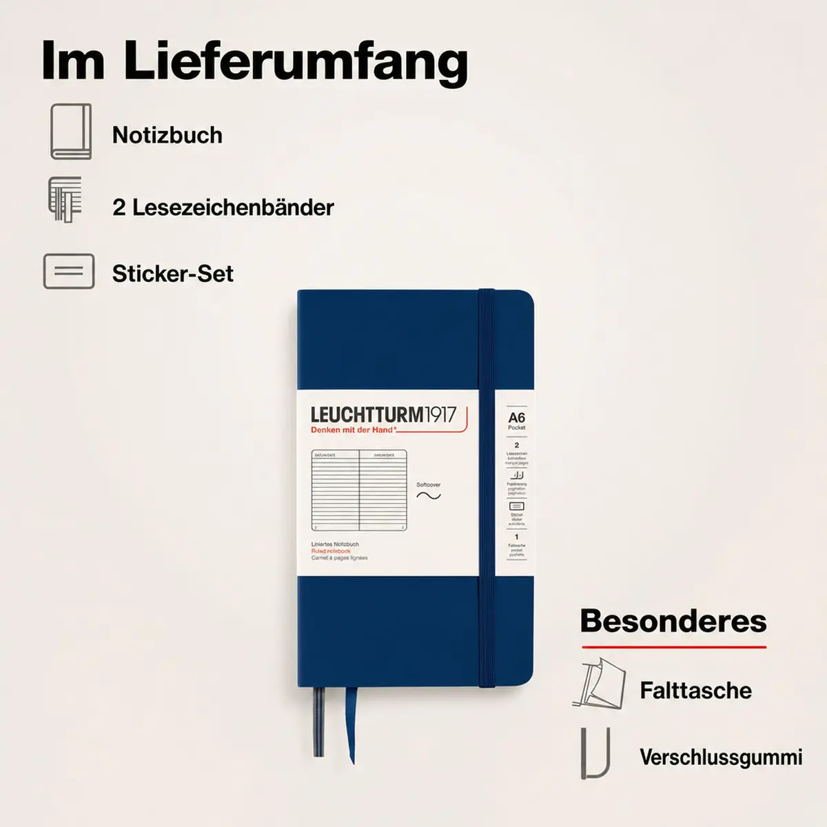 LEUCHTTURM1917 Notebook Softcover Pocket A6-123 Pages Navy | Compact, Ruled, Acid-Free Paper - view 7