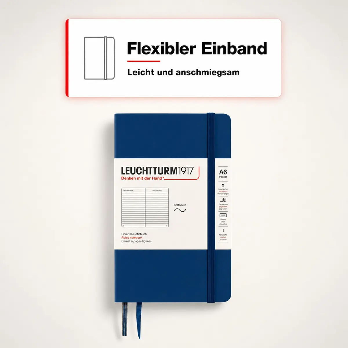 LEUCHTTURM1917 Notebook Softcover Pocket A6-123 Pages Navy | Compact, Ruled, Acid-Free Paper - view 8