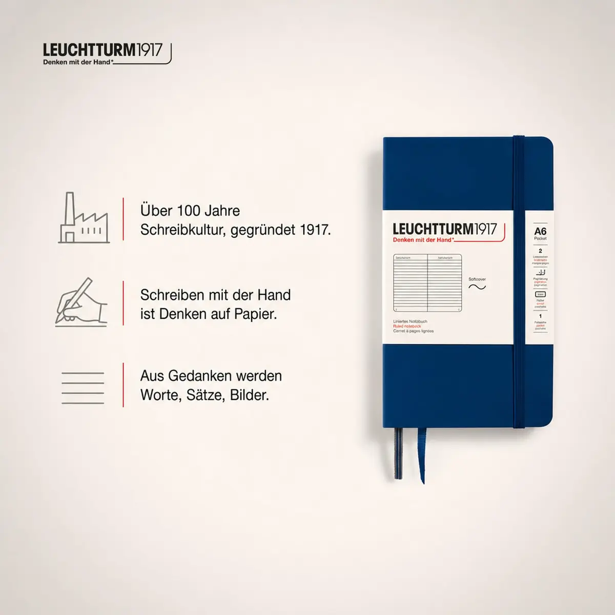 LEUCHTTURM1917 Notebook Softcover Pocket A6-123 Pages Navy | Compact, Ruled, Acid-Free Paper - view 9