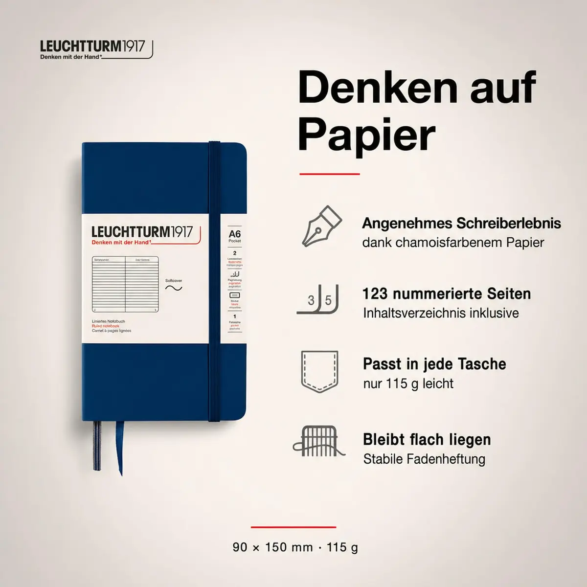 LEUCHTTURM1917 Notebook Softcover Pocket A6-123 Pages Navy | Compact, Ruled, Acid-Free Paper - view 2