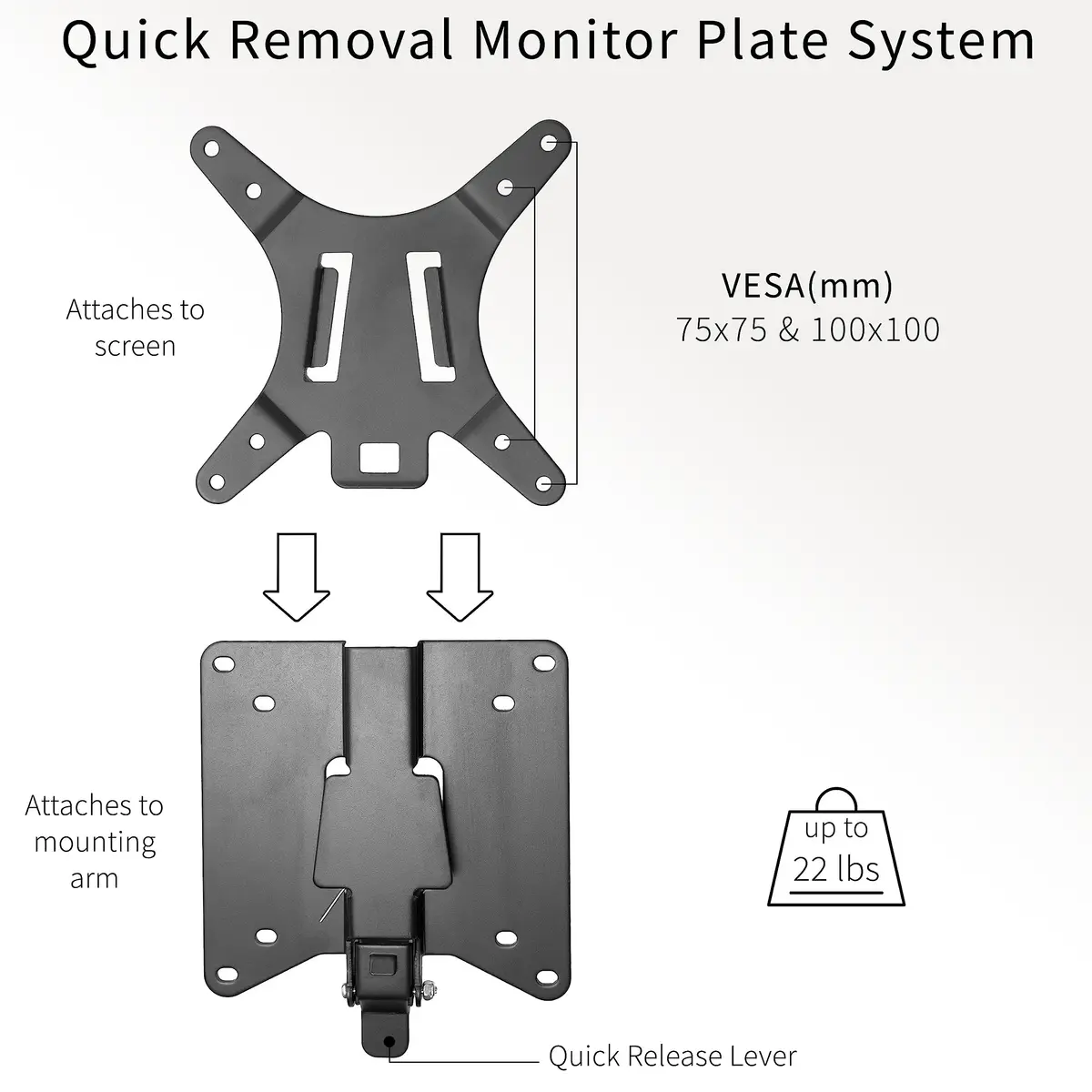 VIVO Adapter VESA Mount Quick Release Bracket Kit, Stand & Wall Mount, 75x75mm/100x100mm, Black | Easy LCD Monitor & TV Mounting - view 2