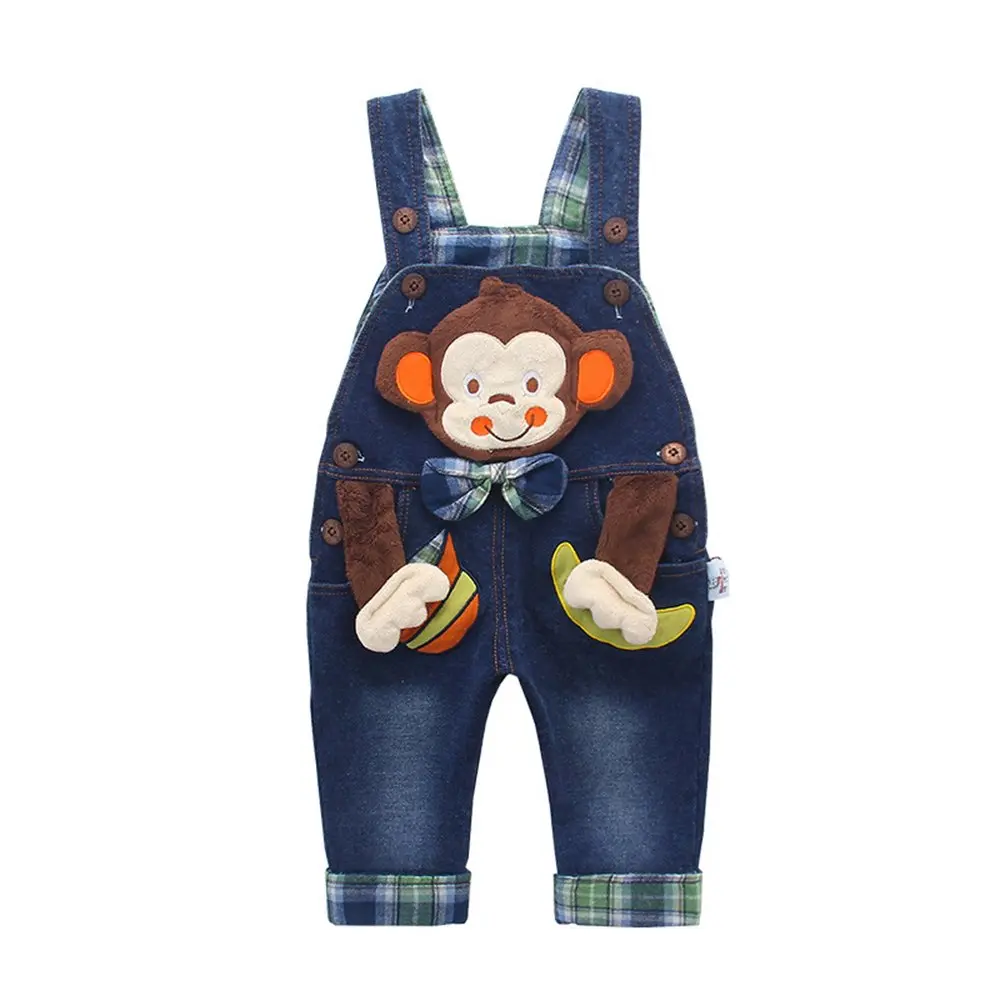 KIDSCOOL SPACE Baby Boy Girl Jean Overalls 12-18 Months | Playful 3D Monkey Design, Soft Denim, Adjustable Shoulder Straps - main product image