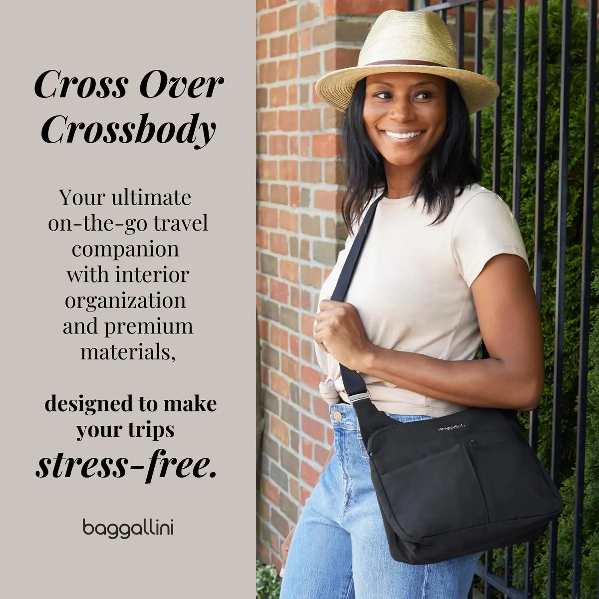 Baggallini Cross Over Crossbody Bag for Women - Travel Water-Resistant Nylon, Charcoal | Adjustable Strap & RFID Wristlet - view 3