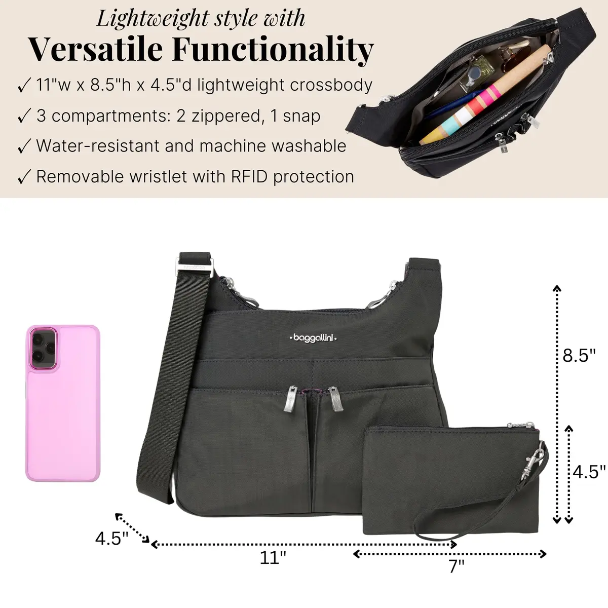Baggallini Cross Over Crossbody Bag for Women - Travel Water-Resistant Nylon, Charcoal | Adjustable Strap & RFID Wristlet - view 4