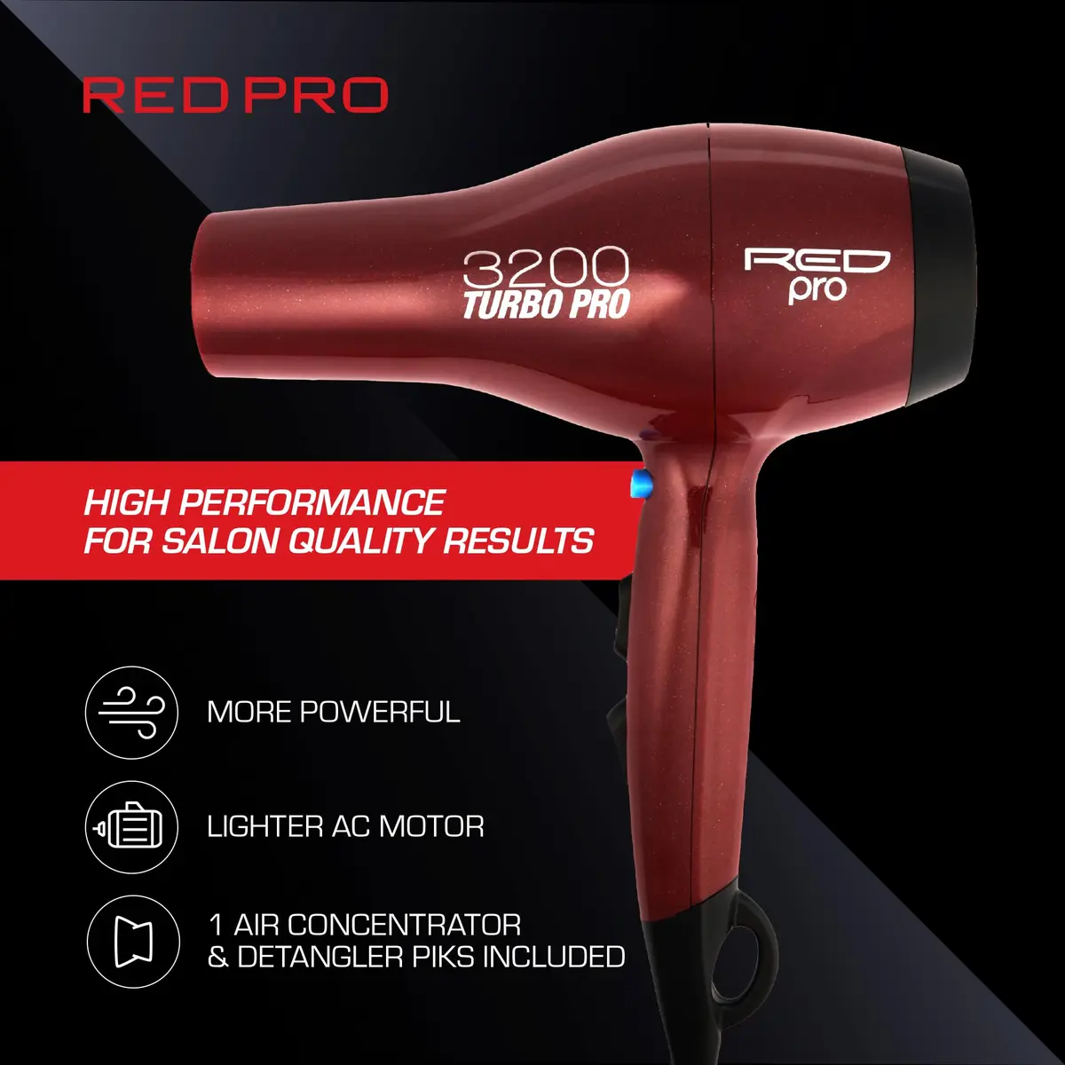 RED Pro 3200 Turbo Pro Detangler AC Hair Dryer | 3 Heat/2 Speed, Cool Shot, 3 Attachments - view 5