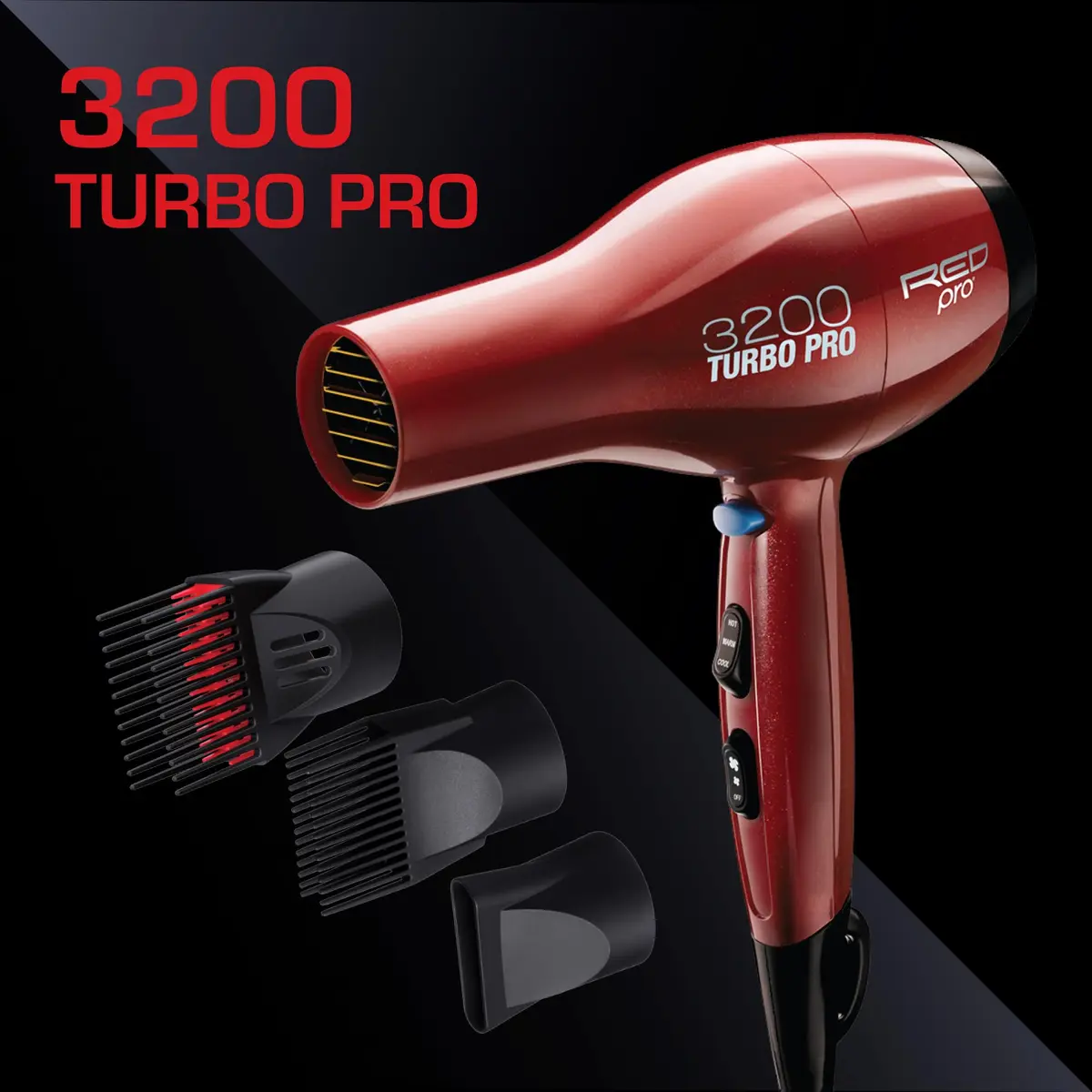 RED Pro 3200 Turbo Pro Detangler AC Hair Dryer | 3 Heat/2 Speed, Cool Shot, 3 Attachments - view 2