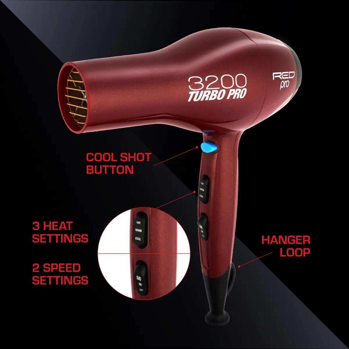 RED Pro 3200 Turbo Pro Detangler AC Hair Dryer | 3 Heat/2 Speed, Cool Shot, 3 Attachments - view 3