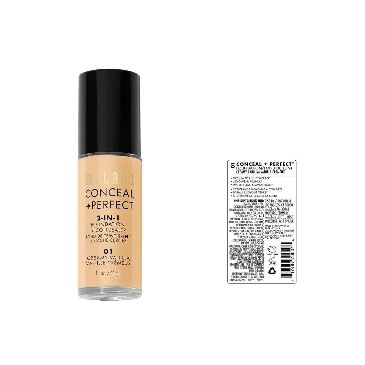 Milani Conceal + Perfect 2-in-1 Foundation + Concealer 01-Creamy Vanilla 29.57ml (1 Fl Oz) | Water-Resistant, Full Coverage - view 6