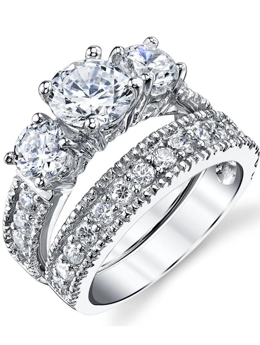 Metal Masters Sterling Silver Bridal Ring Set 2-Piece | 3.4 Carats CZ, Rhodium Plated, Hypoallergenic (70-120 chars) - main product image