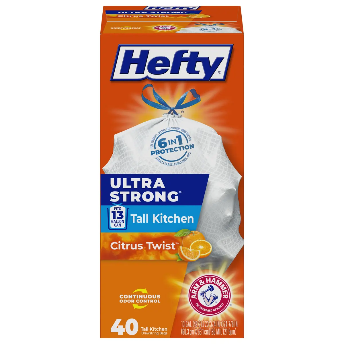 Hefty Ultra Strong Tall Kitchen Trash Bags - Citrus Twist, 13 Gallon, 40 Count | Puncture-Resistant, Odor Neutralizer, Drawstring - main product image