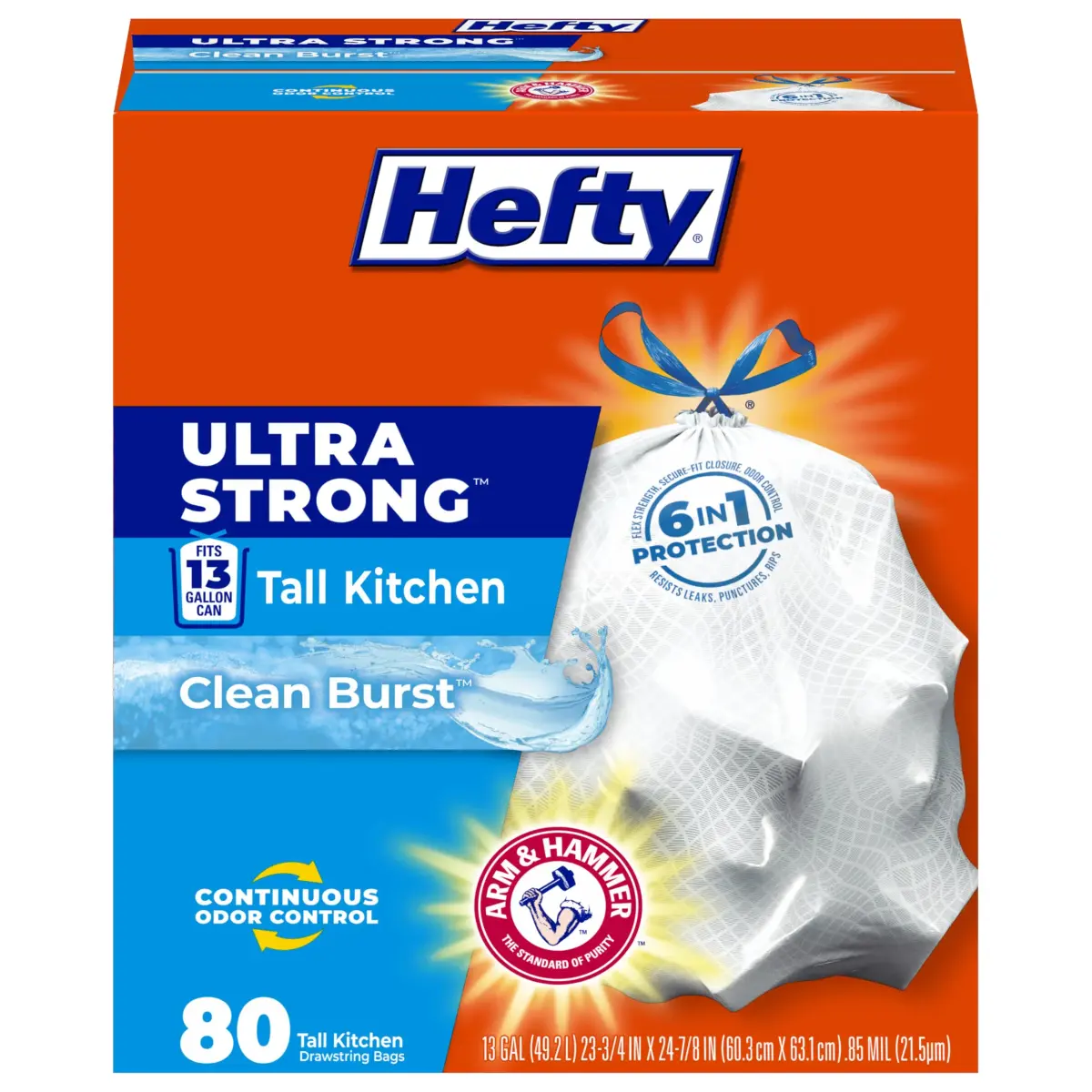 Hefty Ultra Strong 13 Gallon Kitchen Trash Bags, White, Clean Burst, 80 Count | 5.4 kg (11.9 lb) Bags for Home Waste Containment - main product image