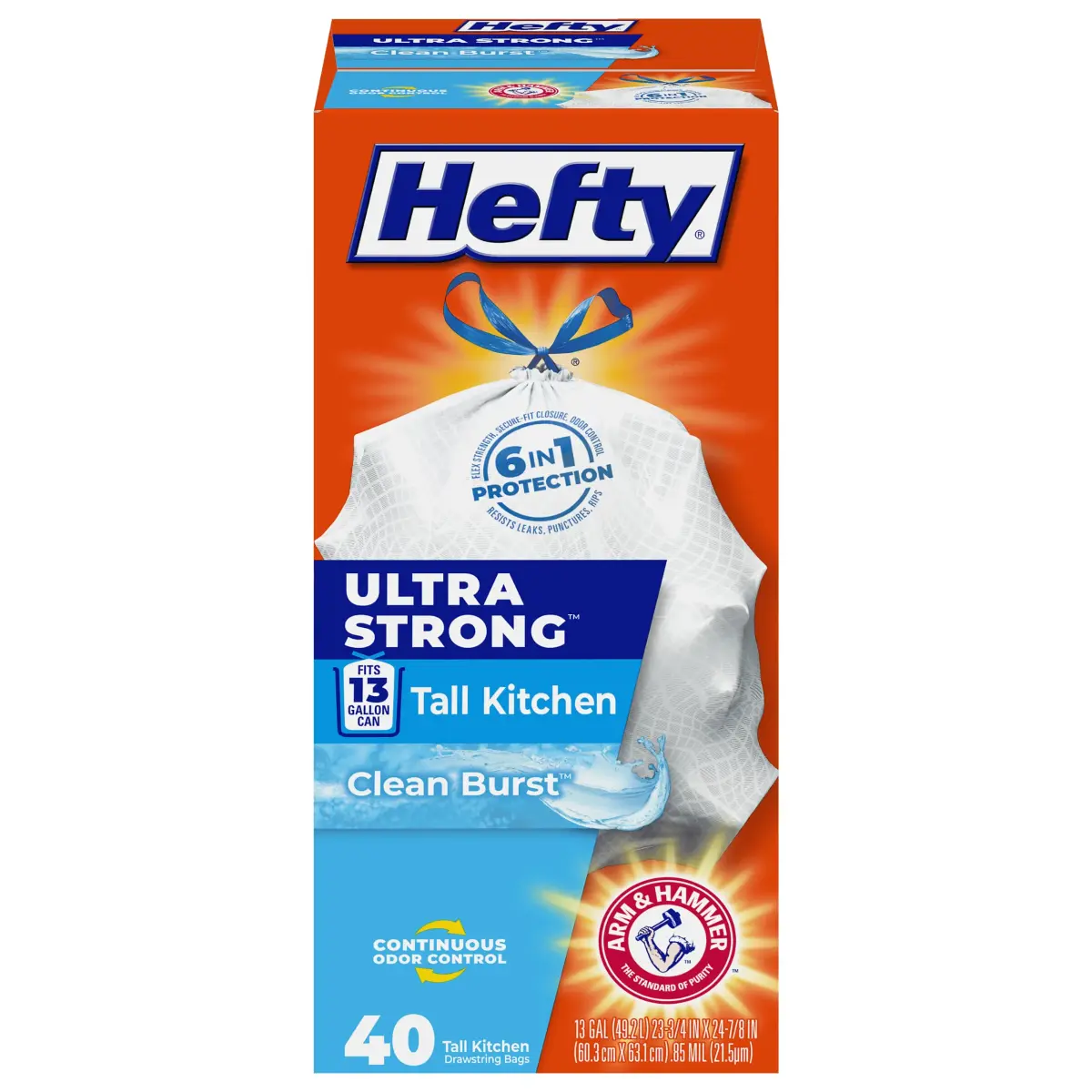Hefty Ultra Strong 13 Gallon Kitchen Trash Bags, White, Clean Burst, 40 Count (1.76 lb) | 6-in-1 Protection for Indian Homes - main product image