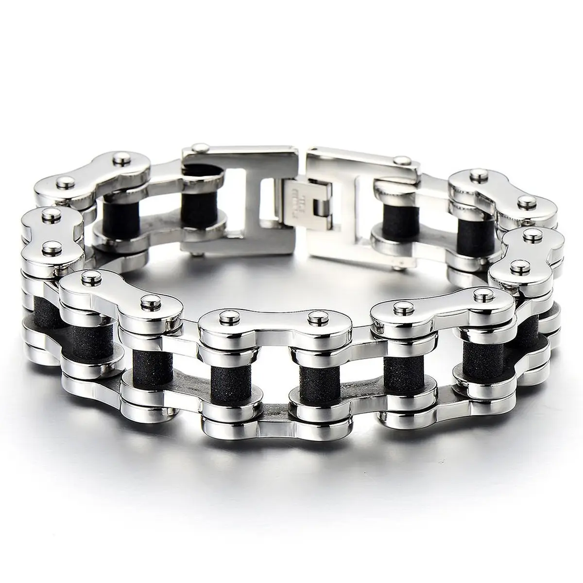 COOLSTEELANDBEYOND Silver & Black Mens Bike Chain Bracelet 23cm | Two-Tone Polished & Satin Finish - main product image