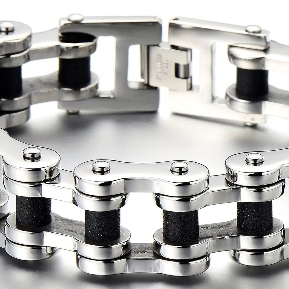 COOLSTEELANDBEYOND Silver & Black Mens Bike Chain Bracelet 23cm | Two-Tone Polished & Satin Finish - view 2