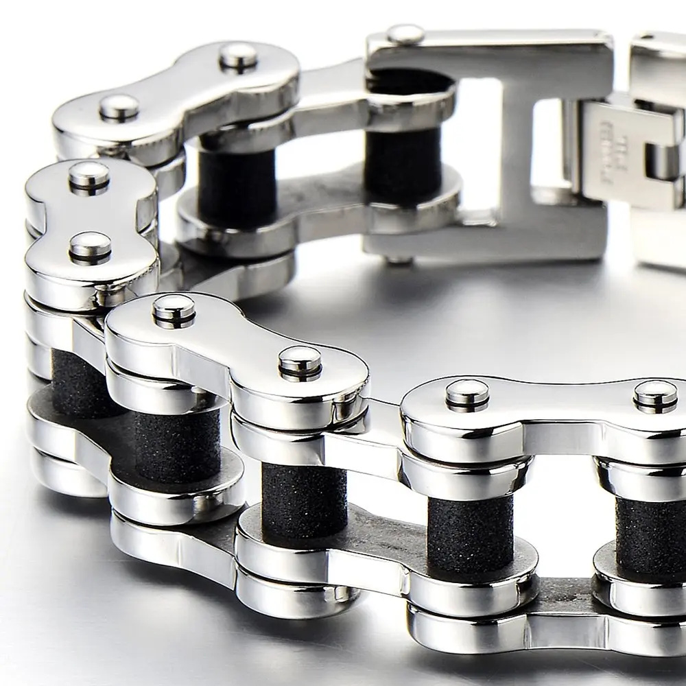 COOLSTEELANDBEYOND Silver & Black Mens Bike Chain Bracelet 23cm | Two-Tone Polished & Satin Finish - view 3
