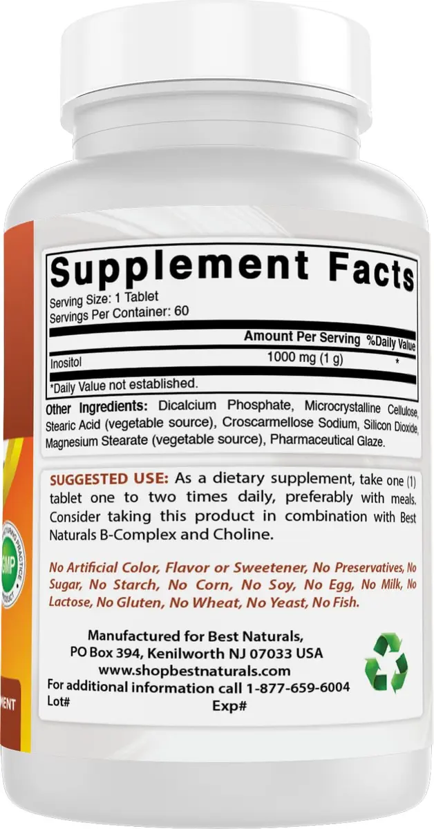 Best Naturals Inositol 1000 mg 60 Tablets | Vitamin B8 Supplement for Daily Wellness - view 6