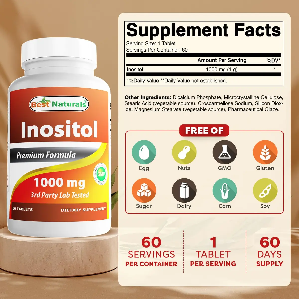 Best Naturals Inositol 1000 mg 60 Tablets | Vitamin B8 Supplement for Daily Wellness - view 2